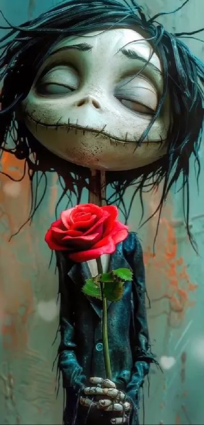 Gothic cartoon character holding a red rose.