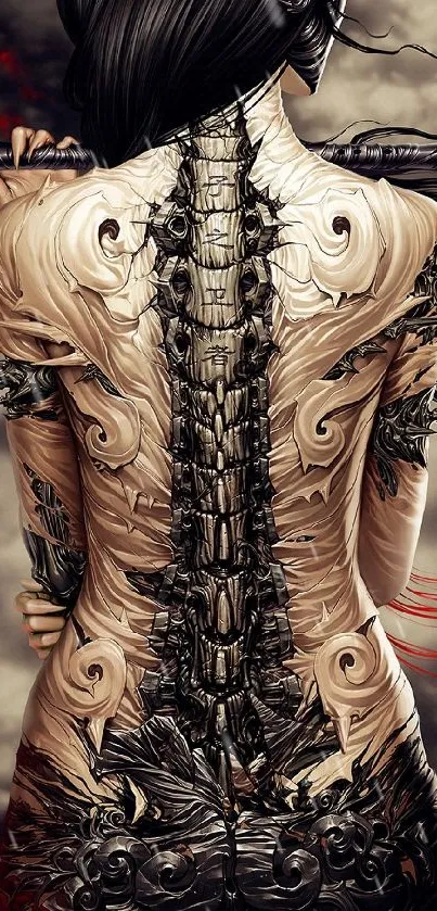 Intricate gothic back art with dark, mysterious design.