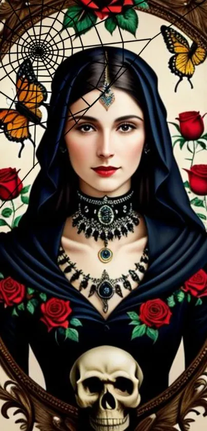 Gothic woman with skull and roses in vintage art style.