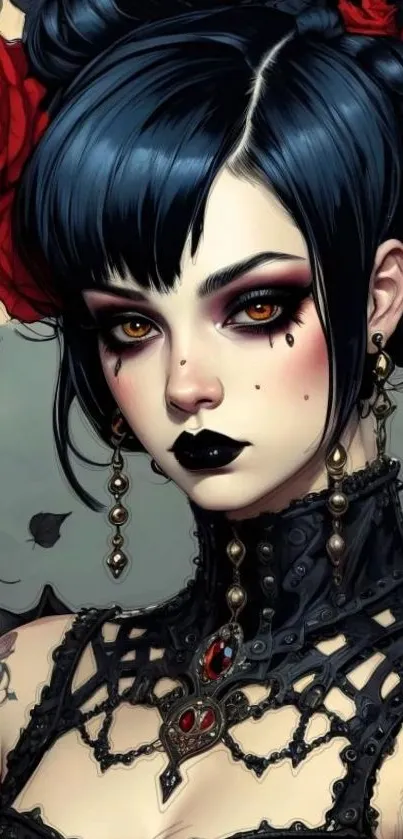 Gothic female portrait with roses and dark tones.