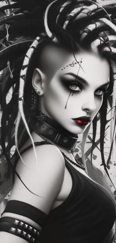 Gothic-inspired portrait of a woman with intricate hairstyle and dark makeup.