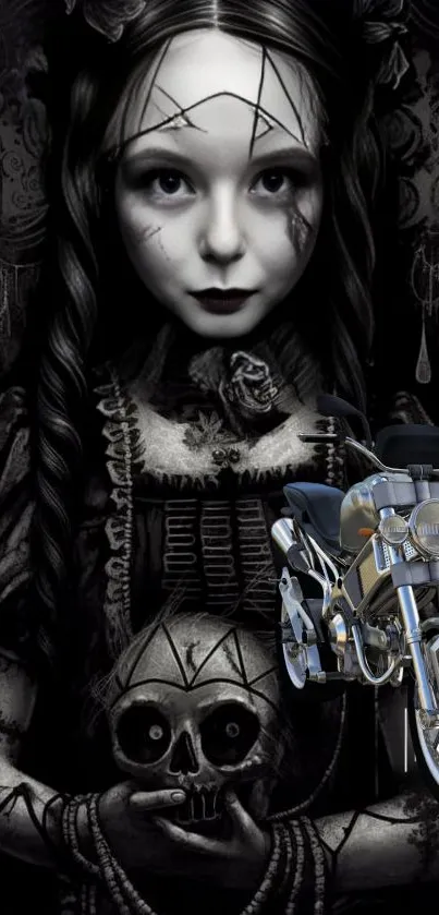 Gothic girl and skull with motorcycle in dark-themed wallpaper.