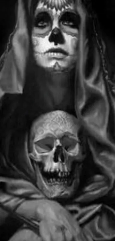 Gothic black and white wallpaper with skull and hooded figure.