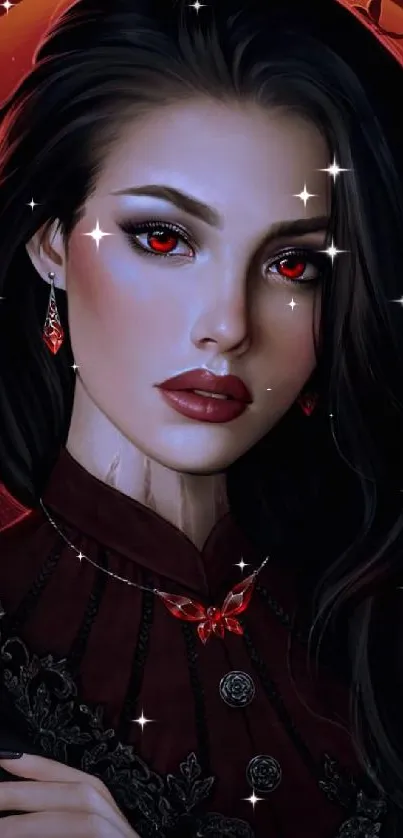 Gothic art wallpaper of a vampire with red eyes and a blood-red moon background.