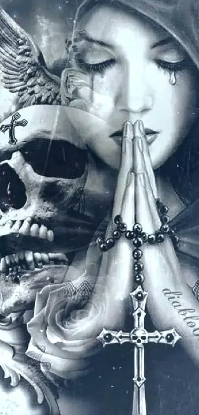 Gothic art wallpaper with skull and angel wings.