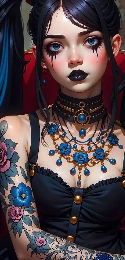 Gothic artwork with blue accents and tattoos.
