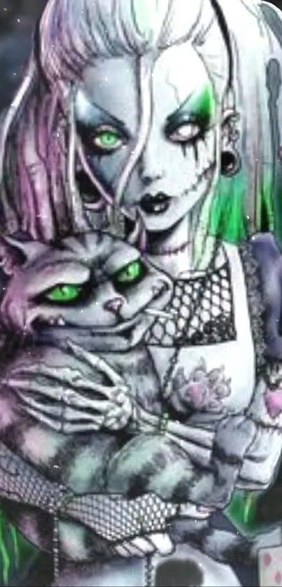 Gothic artwork of a woman with a cat and green eyes, perfect for dark phone wallpapers.