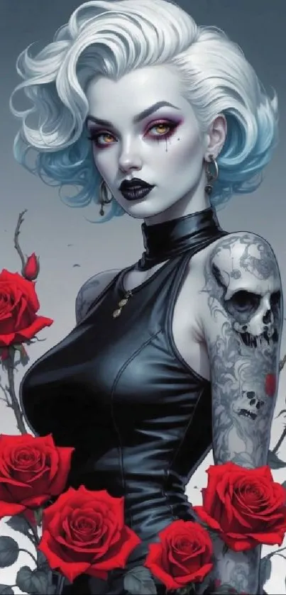 Gothic woman with tattoos surrounded by red roses on a dark background.