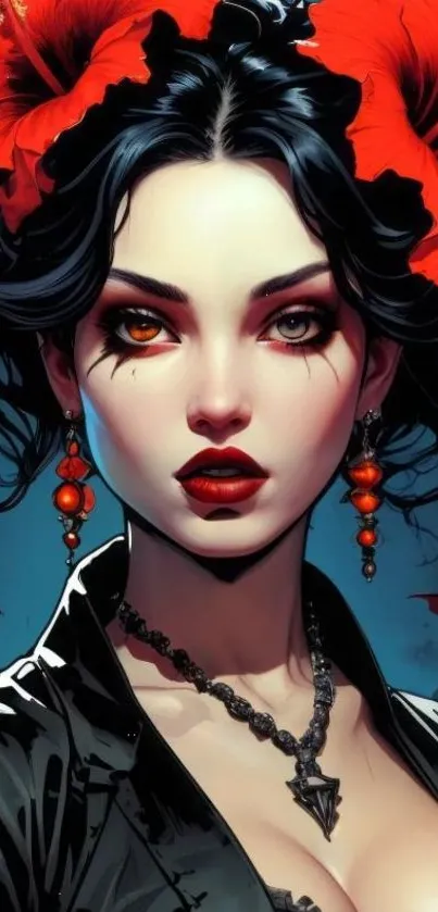 Gothic art featuring a woman with red floral headdress.