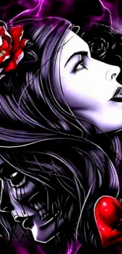 Gothic dual faces with roses and hearts in a mystical wallpaper.