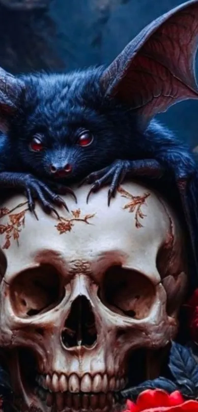 A bat perched on a decorated skull with red flowers.