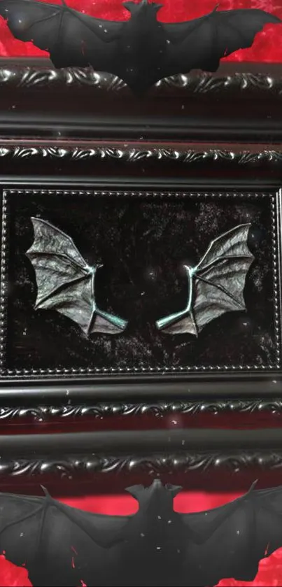 A gothic artwork with bat wings on a red background.