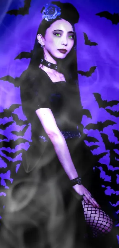 Gothic lady with bats on purple wallpaper.