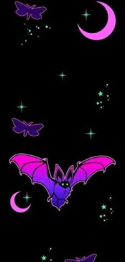 Stylized bat with moons and stars on black wallpaper.