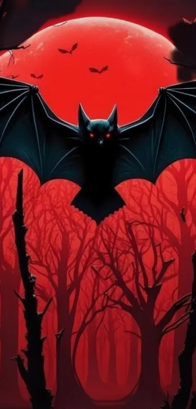 Bat and red moon silhouette wallpaper, perfect for spooky themes.