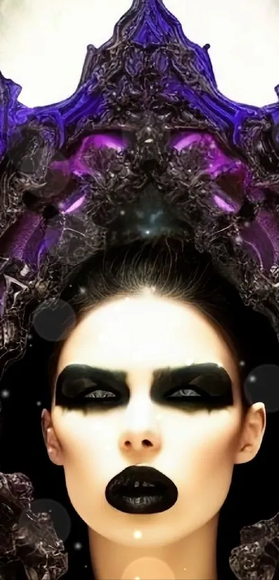 Gothic queen with dark makeup and purple crown in mystical wallpaper.