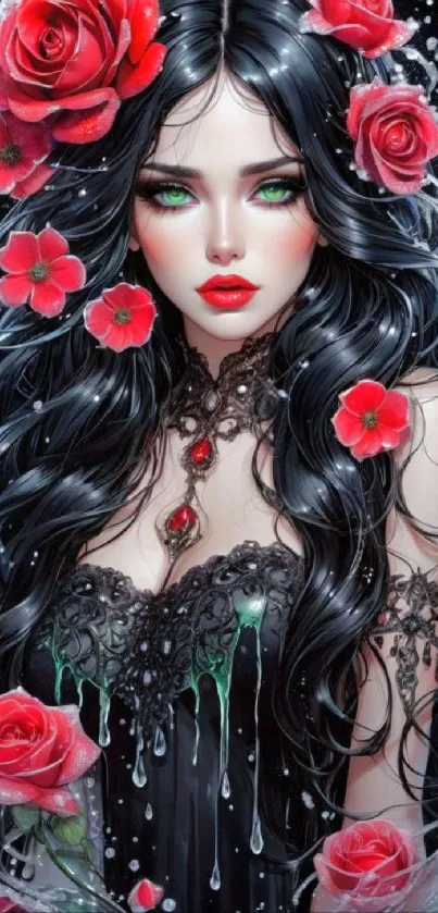 Gothic woman with black hair and red roses in a captivating art style.