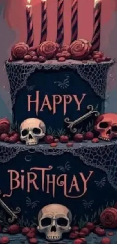 Gothic birthday cake with skulls and candles.