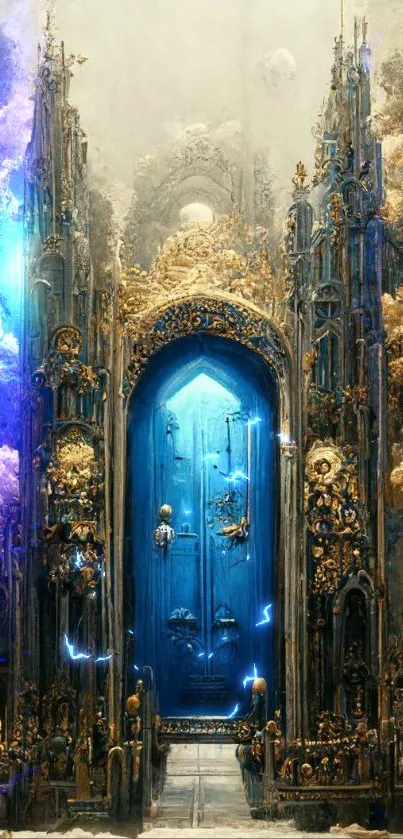 Stunning blue portal in gothic fantasy setting for mobile wallpaper.