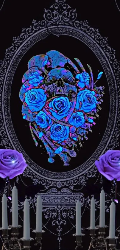 Gothic skull with blue roses and candles on dark background.