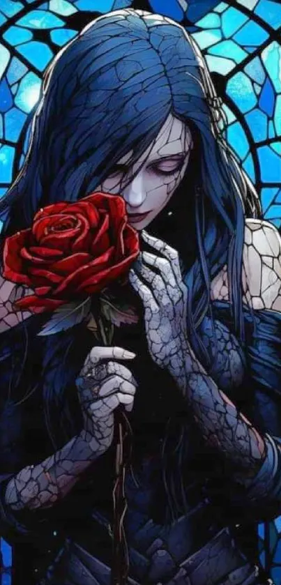 Gothic artwork featuring a blue stained glass and red rose.