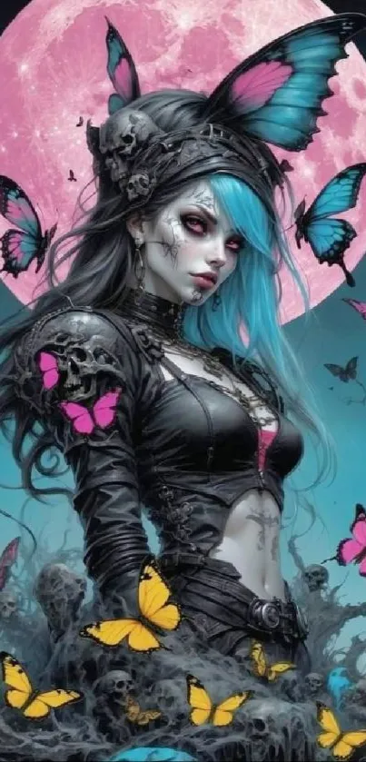 Gothic character with butterflies and pink moon fantasy art.