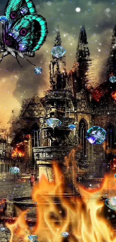 Gothic cityscape with butterfly and fire, intense fantasy art.