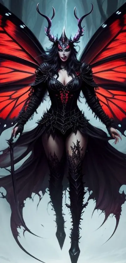 Gothic warrior with red butterfly wings in a dark forest setting.