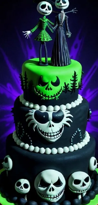 Gothic cake art with neon skulls and figures on a dark backdrop.