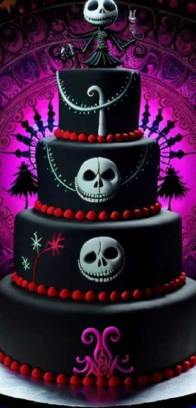 Gothic-themed cake with purple background and skull decorations.