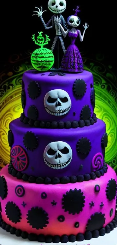 Gothic cake with skulls and vibrant colors on a black background.