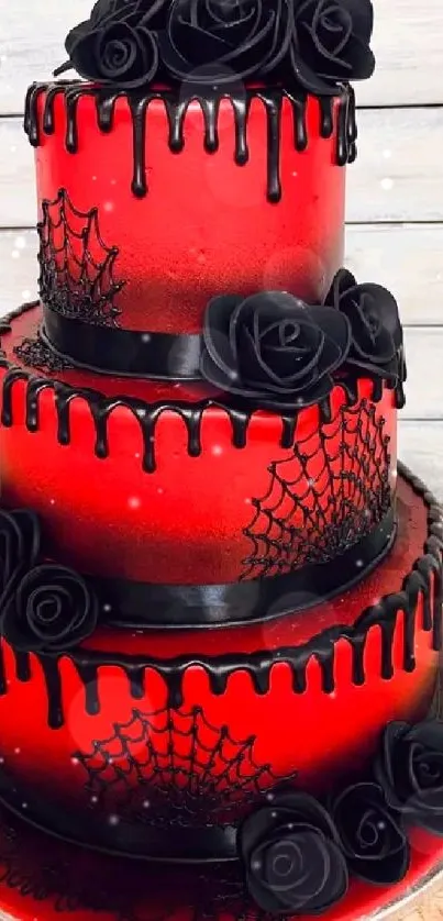 Red and black Gothic cake with roses and web design.