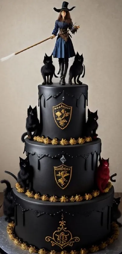 Gothic themed cake with cats and golden designs.