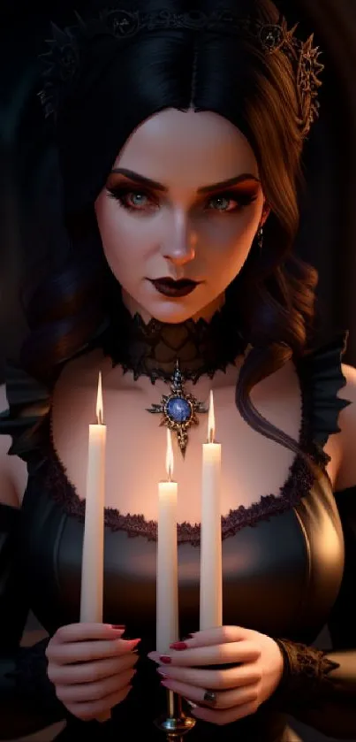 Gothic woman holding candles in dim light with dark, elegant attire.