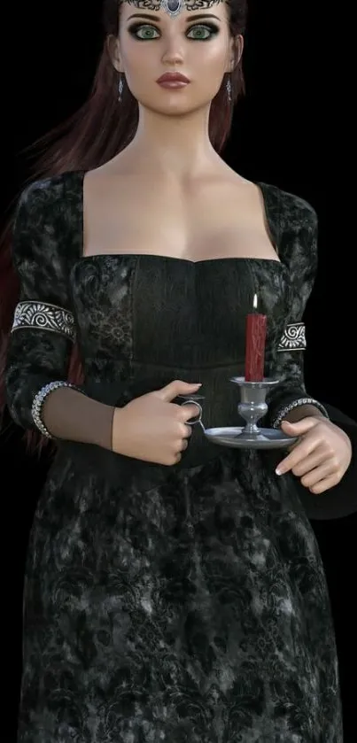 Gothic lady holding a candle in a dark-themed mobile wallpaper.