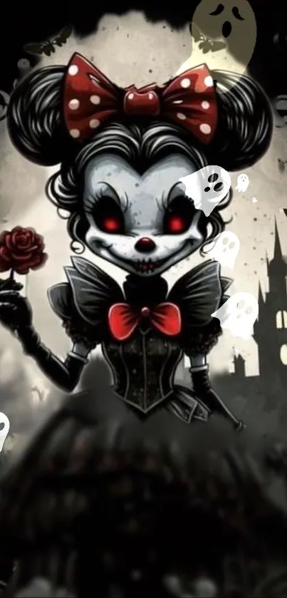 Gothic cartoon character with red accents holding a rose against a dark backdrop.