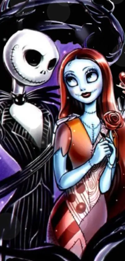 Gothic cartoon couple with dark and vibrant elements, perfect for Halloween.