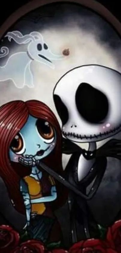 Cartoon gothic couple with ghost dog in a dark themed mobile wallpaper.