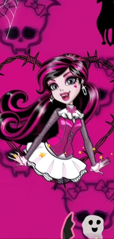 Gothic cartoon character with pink heart and skulls wallpaper.