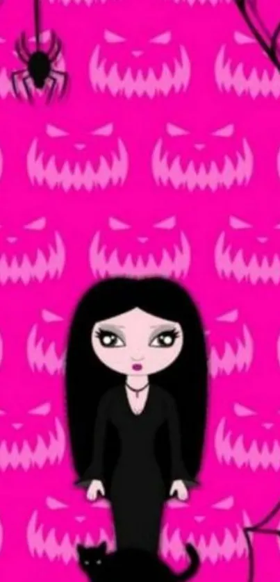 Gothic cartoon girl with black cat on pink background.