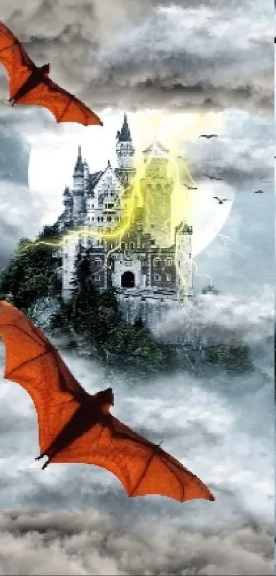 Gothic castle with bats in a cloudy, mystical scene wallpaper.