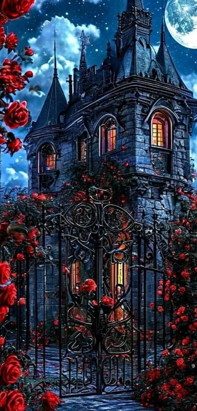 Gothic castle with red roses under a full moon.