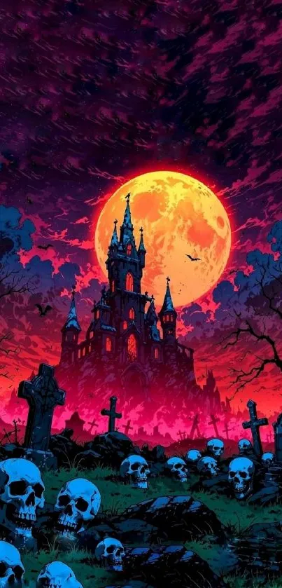 Gothic castle under a full moon amidst a graveyard.