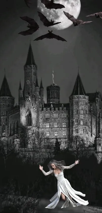 Gothic castle under a full moon with bats and a spectral woman.