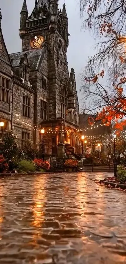 Gothic castle in autumn evening with glowing lights.