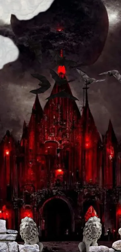 Gothic castle with red glow and dark eerie atmosphere with flying bats.