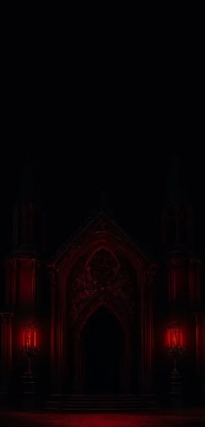 Gothic castle with dark and red tones, eerie atmosphere.