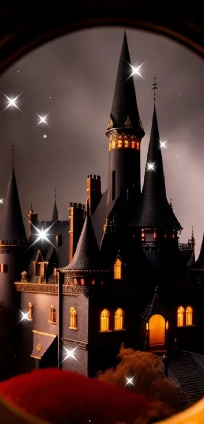 Gothic castle with spires and glowing windows in a mystical fantasy setting.