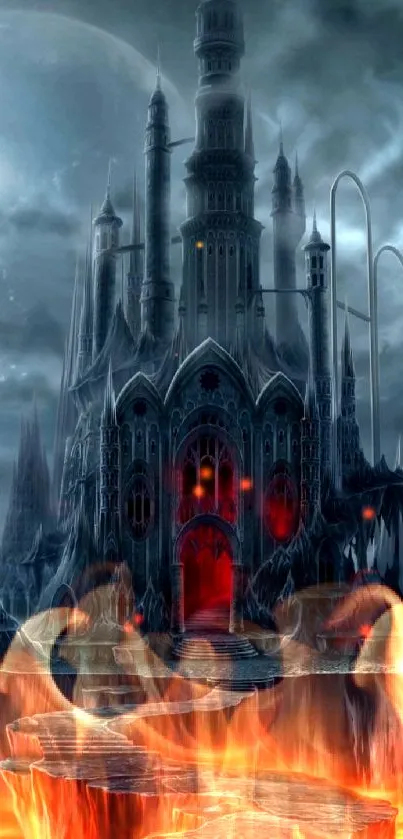 Dark gothic castle with fiery landscape and misty night sky.