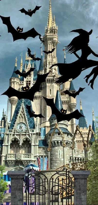 Gothic castle with witches and bats creating a Halloween atmosphere.